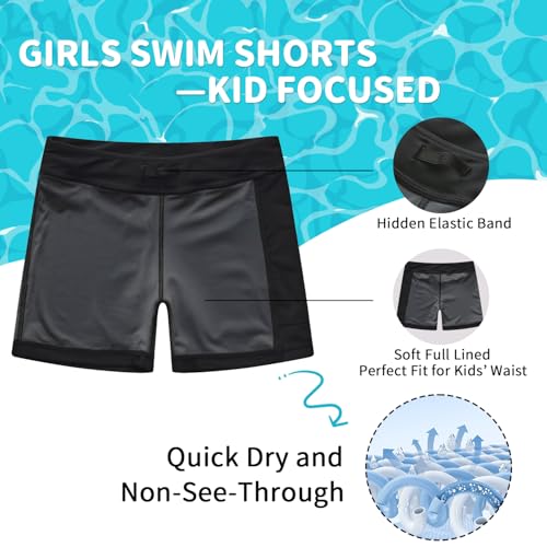 Girls Fully Lined Swim Board Shorts with Pockets UPF50+ Quick-Dry Black 14