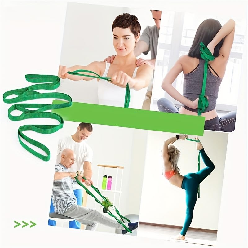 10 - Loop Non - Elastic Stretching Strap - Ideal for Yoga & Workouts Green