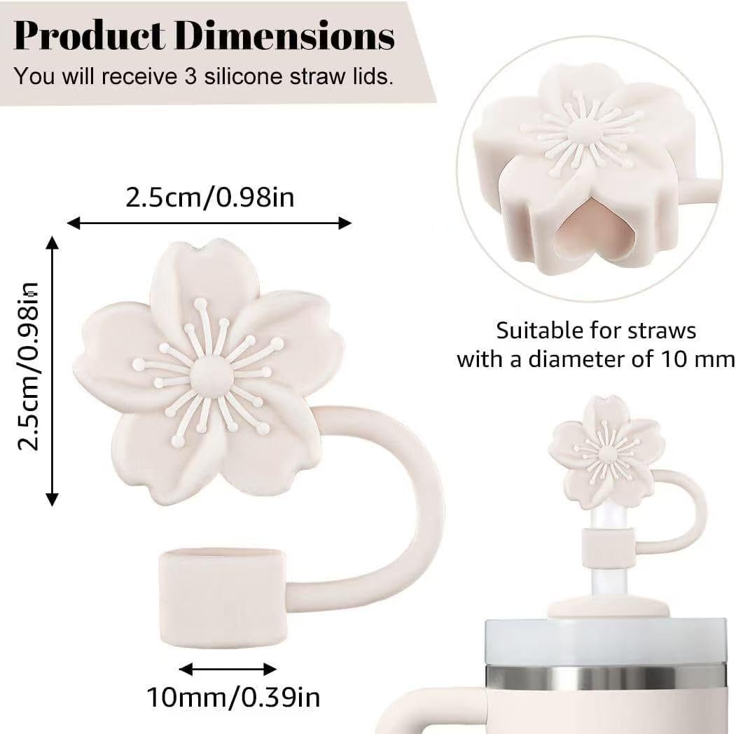 Zenithly Cherry Blossom Silicone Straw Toppers for Stanley Cup, Beige Floral Tumbler Lid Accessories, 3 Pack Dust Cover Set, 10mm Compatible