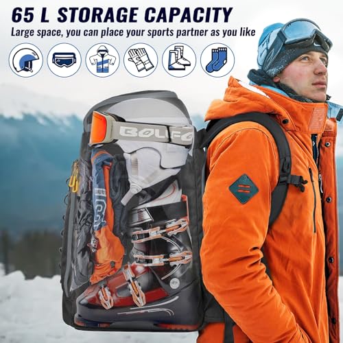 RESVIN Ski Boot Bag 65L Waterproof Travel Backpack for Snowboarding - Light Black