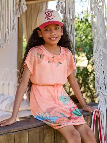Kids Girls Short Sleeve Beach Cover Up Dress - Coral Pink 7-8 Years