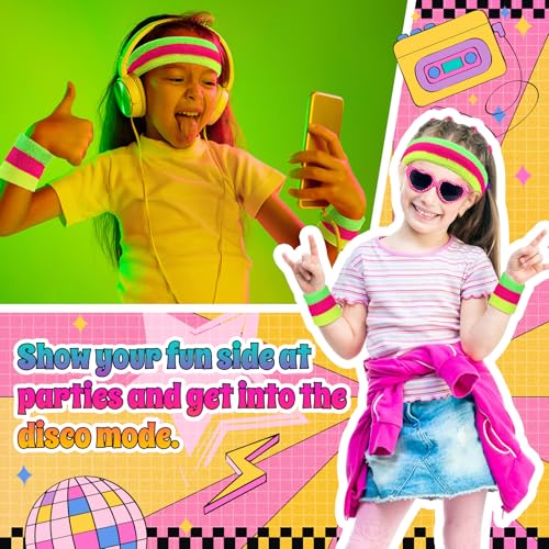 Neon Sweatbands Set - 3 Pack Neon Headband and Wristbands, Mixing Colors