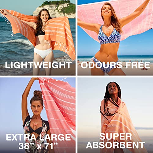 Oversized Turkish Beach Towel Set of 6 - Burgundy, Red, Fuchsia, Pink, Salmon, Orange 38"x71" Lightweight Sand-Free Quick Dry Cotton Pool Towels