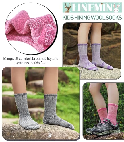 Kids Merino Wool Thermal Socks 8-12 Years Winter Warm Thick Cushioned Snowboarding Socks - Purple/Pink/Gray