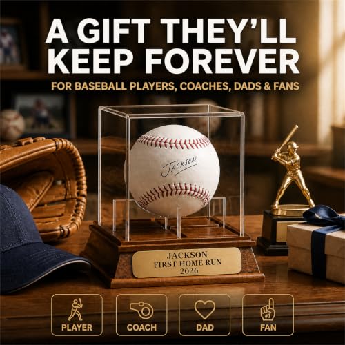 Personalized Baseball Display Case - Listing Variation: Baseball Display Case, Solid Wood Base, Clear Cover, Custom Nameplate, Holds 1 Baseball