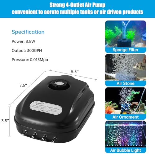 Aquarium Air Pump 300GPH for Fish Tanks & Hydroponic Systems