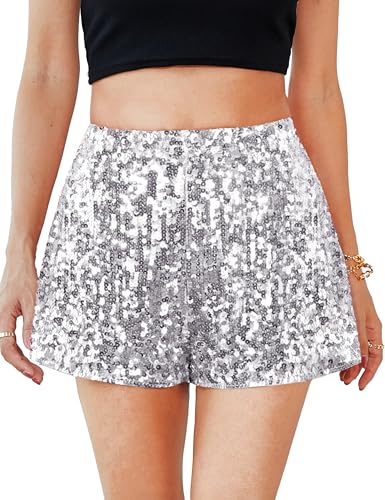 Women's Silver Grey Sequin Shorts Large High Waisted Night Out Party Wear