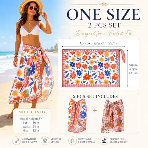 Women Sheer Beach Sarong with Tropical Floral Print - Long Bikini Cover Up, Multicolor