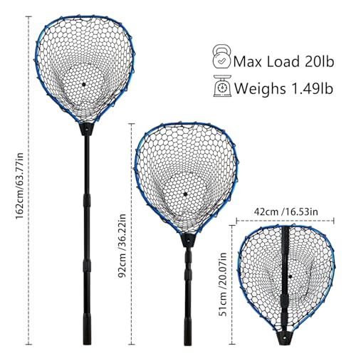 Adjustable Telescoping Fishing Net with Handle - Blue Aluminum Alloy, Foldable & Collapsible, 3-Section Pole, 63.7"