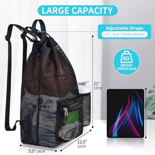 Large Mesh Drawstring Backpack for Gym & Travel - Black, 21x12.5x5.5 Inches