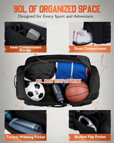 Gonex 90L Large Convertible Duffel Bag - Black Travel Sports Duffle