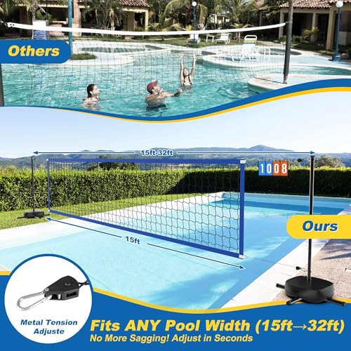Adjustable Pool Volleyball Net Set with LED Lights, 15-32FT Width, Charcoal