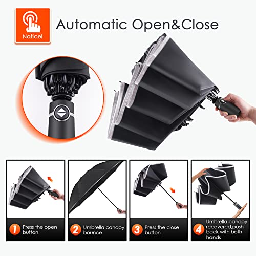 Large Windproof Inverted Umbrella with Reflective Stripe - Travel Folding Rain Sun Cover for Women Men - 46 Inch Black