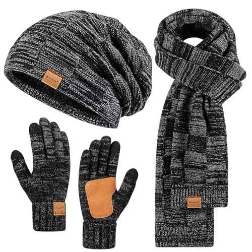 Mens Hat Gloves Scarf Set Winter, Slouchy Beanie 3 in 1 Warm Set, for Men, Mens Stocking Stuffers