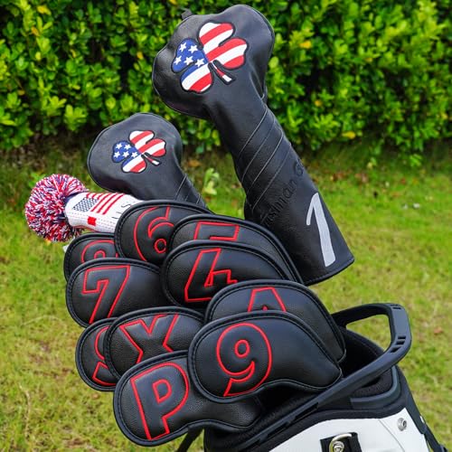 Craftsman Golf 10pcs Red No. Iron Headcover Set with Magnetic Closure - Black Leather