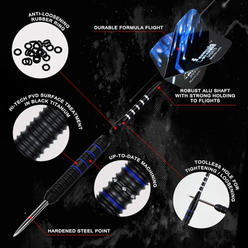 Formula Sports Tungsten Steel Tip Darts Set 23g Black & Blue - Professional Steel Tip Darts with Flights, Shafts & Sharpener