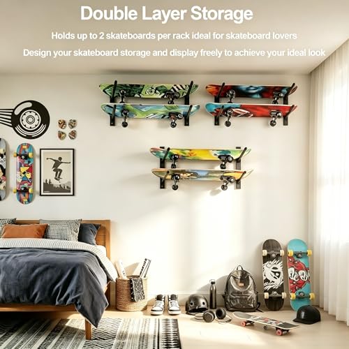 Skateboard Wall Mount Rack - 6 Layers Black for All Boards & Accessories