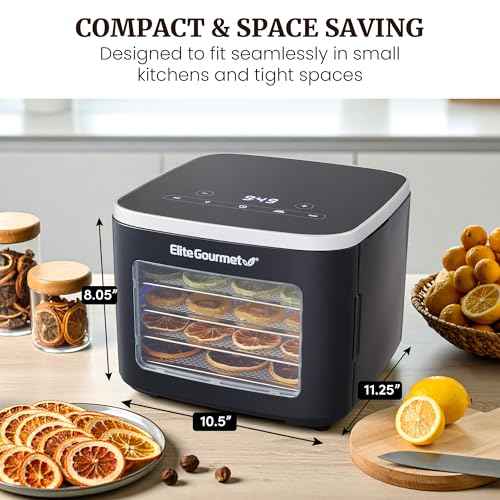 Elite Gourmet EFD809D Food Dehydrator with 5 Stainless Steel Trays, Adjustable Temp & Time + Keep Warm, Includes Interior Light, Fruit Roll Tray and Recipe Booklet, Black