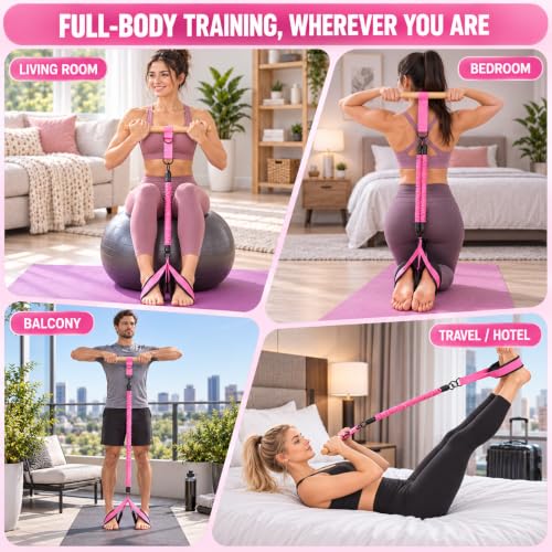 Pink Resistance Band Pedal Set with Wood Handle & Wide Foot Pedals - 3 x 30 lb Tubes