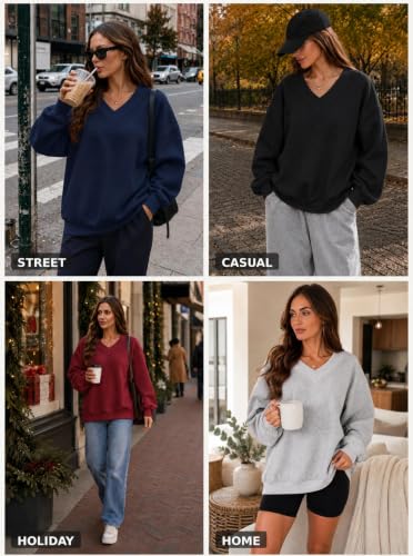 Hilinker Women's V Neck Oversized Sweatshirt Long Sleeve Pullover Large Grey