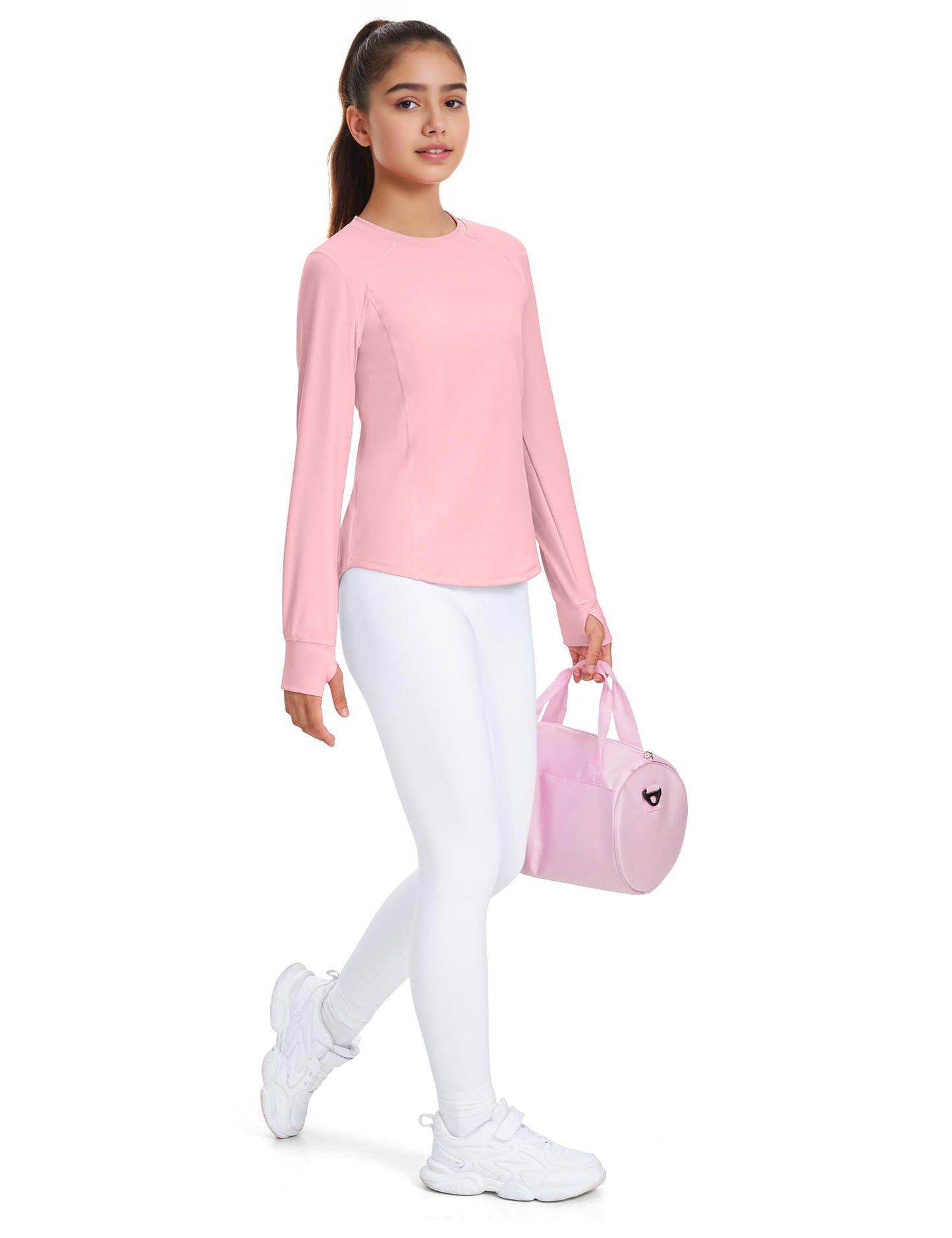JOCMIC Girls Long Sleeve Shirts Athletic Shirt with Thumb Holes Kids Crew Neck Basic Tee Tops for Sports Gym Yoga Pink 9-10 Years
