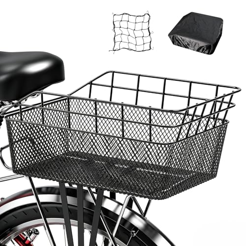 Heavy Duty Rear Bike Basket with Cargo Net & Waterproof Cover - Large Capacity