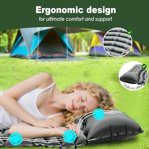 Ultralight Camping Sleeping Pad with Pillow & Built-in Foot Pump - Grey