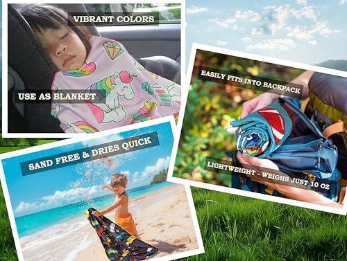 Unicorn Microfiber Beach Towel for Kids 30x60 Inches - Absorbent, Quick Dry, Sand Free, Lightweight, Large Blanket - Toddler, Girls, Boys - For Pool, Beach, Travel, Camping - Variation of THIS listing