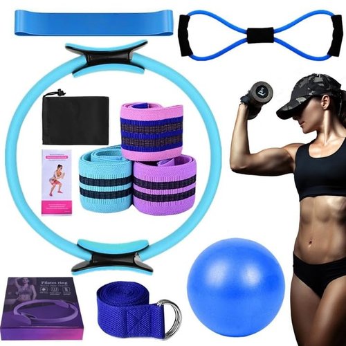 Pilates Essentials Kit for Women, Better Me Pilates Kit, Yoga Sets for Women, Pilates Ring and Ball Set, Booty Bands/Figure 8 Resistance/Yoga Bands for Stretching (Blue)