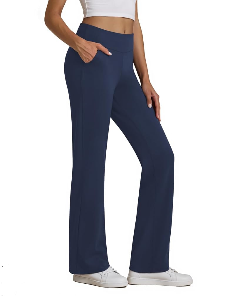Navy Blue Women's Stretchy Yoga Dress Pants with Pockets - High Rise, 4-Way Stretch