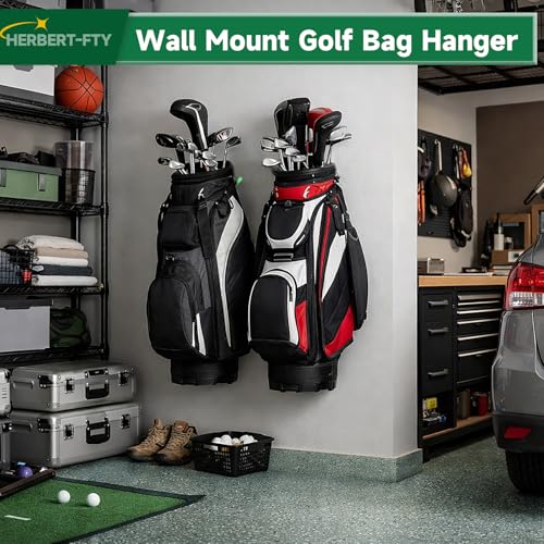 2 Pcs Wall Mounted Golf Bag Hangers for Garage Storage, Adjustable Steel Golf Organizer