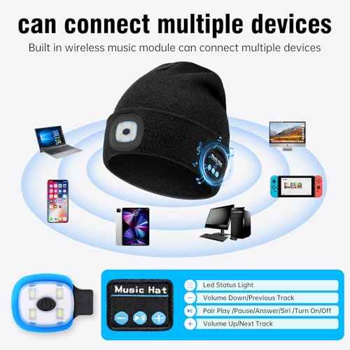 MUSIC LED Beanie Hat with Bluetooth, Rechargeable Hat with 3-Mode Headlamp & Hands-Free Calling,Warm Knit Cap for Men and Women, Ideal for Outdoor Night Activities Black