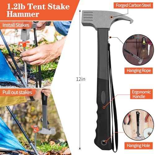 10 Pack 10in Heavy Duty Tent Stakes and Hammer Set, with Storage Pouch, for Outdoor Camping Tent, Tarp, Canopy, Picnic, Shade