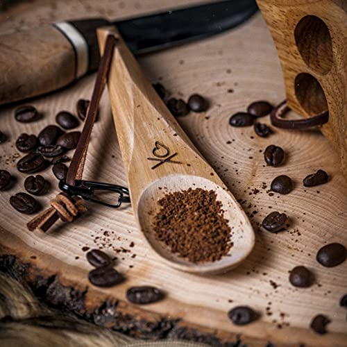 Kanu Wooden Camping Spoon - Handcarved Nordic Bushcraft Utensil with Lanyard & Carabiner - Lightweight Reusable Survival Tool