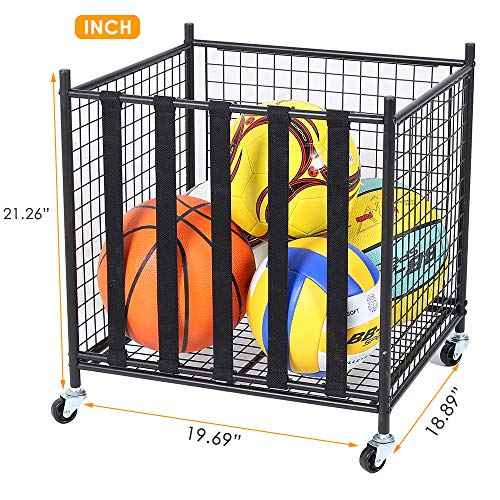 Snail Garage Sports Equipment Storage Organizer Sports Ball Storage Rolling Cart with Basket and Hooks Lockable Sports Ball Cage Storage Rack for Garages, Playgroup, Gym and Schools, Black
