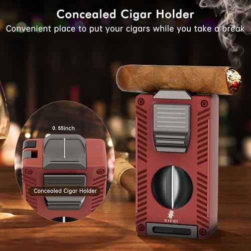 XIFEI Torch Lighter, Double Jet Flame Lighter with Cigar V Cutter and Punch, Draw Enhancer and Holder, Refillable Butane Lighter, Multifunctional Cigar Accessory for Men's Gift (Red)