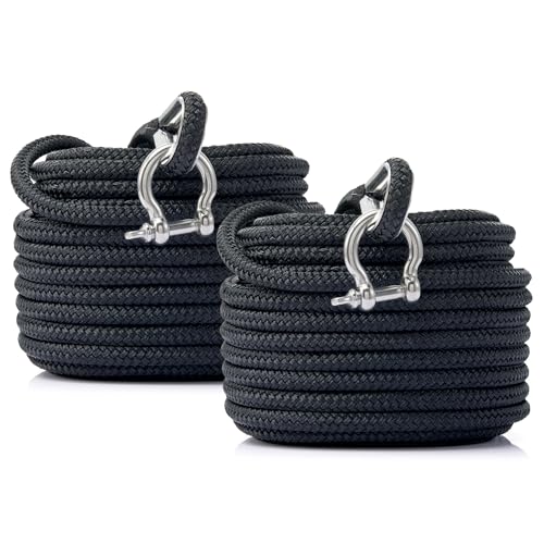 50ft Double Braided Marine Anchor Rope Set - Black, 2 Pack with Stainless Steel Thimbles & Heavy Duty Shackles