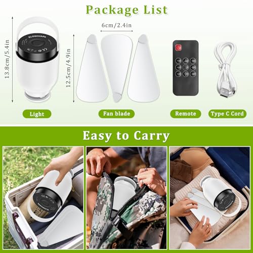 2-in-1 Camping Fan with Lantern - White, Remote Control, Rechargeable