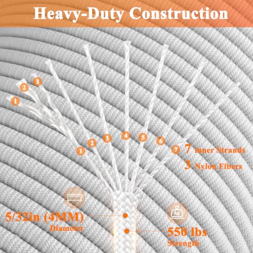 VVAAGG Paracord Rope 550 lb - White 100FT Nylon 7-Strand Utility Cord
