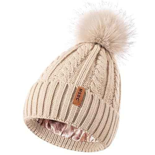MSDC Satin Lined Beanie for Women with Pom Pom, Warm Womens Winter Hats with Silk Lined, Fashionable Knit Beanie Skull Cap