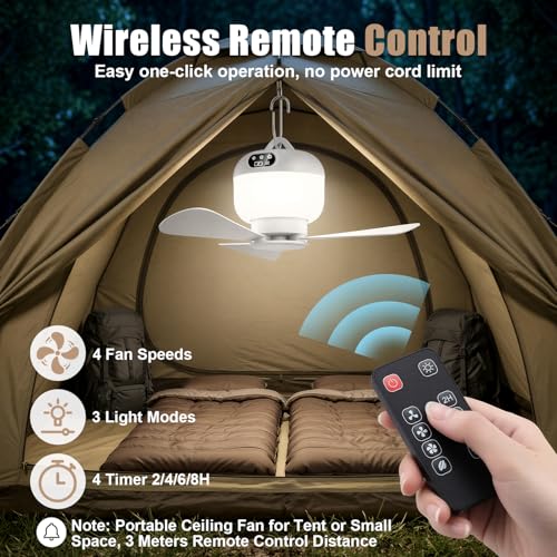 Camping Fan with Light Remote, Rechargeable Tent Fan with 4 Speeds