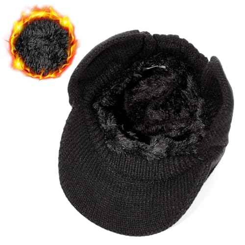 Century Star Mens Winter Hat with Visor & Earflaps,Outdoor Elastic Warm Knitted Fleece Sport Golf Baseball Beanie Cap