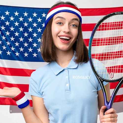 Ronglry 3pcs Sweatbands Set Sports Wristband and Headband Colorful Sweatbands for Women Men Striped Sweat Band LGBTQ Pride Rainbow Headband Wristband Set Includes 1 Sports Headband and 2 Wristband