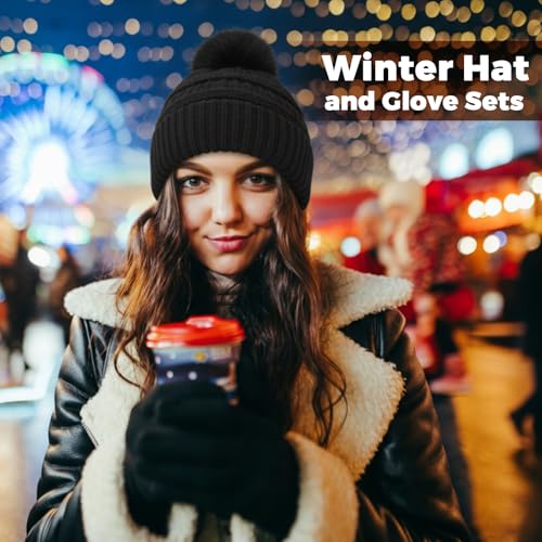 Women Knitted Beanie Hat and Gloves Set - Winter Gift for Women - Black