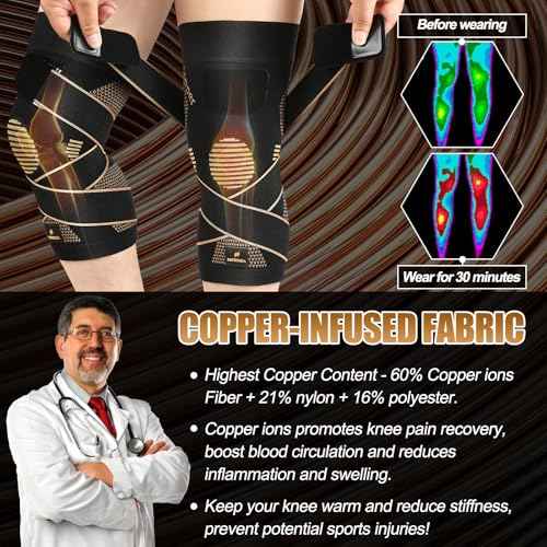 NEENCA Copper Knee Brace with Straps for Women/Men, Knee Compression Sleeve for Knee Pain, Arthritis, ACL, Meniscus Tear, Joint Pain Relief. Knee Support for Running, Workout, Weightlifting - Single