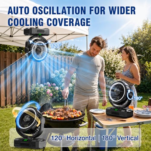 Ausic Rechargeable Solar Camping Fan & Oscillating Portable Fan with Lights - Black