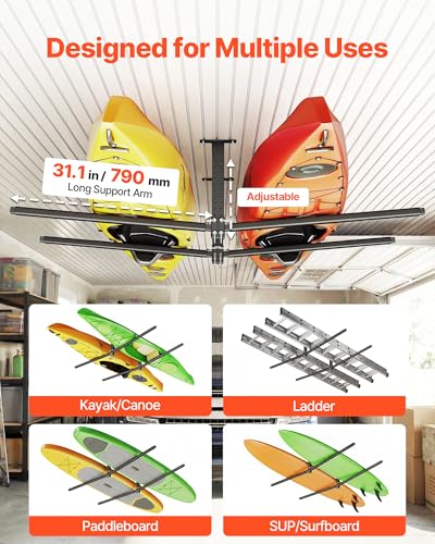 Heavy Duty Black Ceiling Kayak Storage Rack for 2 Kayaks - Adjustable Garage Mount