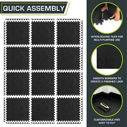 ProsourceFit Puzzle Exercise Mat ¨ö in, EVA Interlocking Foam Floor Tiles for Home Gym, Mat for Home Workout Equipment, Floor Padding for Kids, Black, 24 in x 24 in x ¨ö in, 48 Sq Ft - 12 Tiles