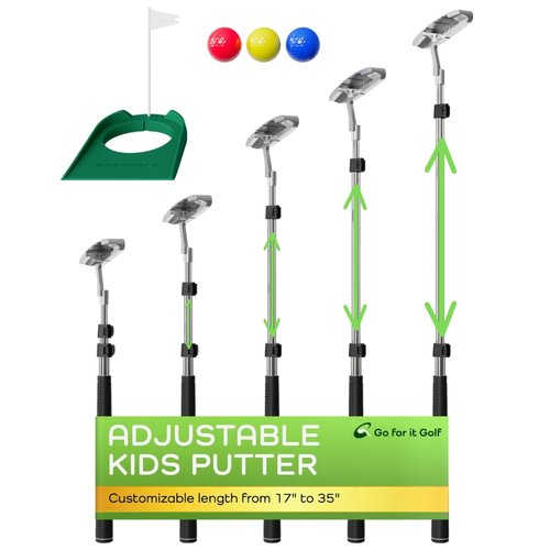 Go for It Golf Kids Putter with Extendable Shaft - Adjustable Size for Junior Golfers - Right Handed - Ideal Training Club for Children, Youth - Includes 3 Balls, Cup with Flag - Silver, 17"-35"