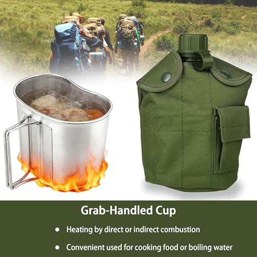 Green Military Canteen Set with Aluminum Cup and Tactical Spork - 1 Quart Water Bottle for Camping Hiking